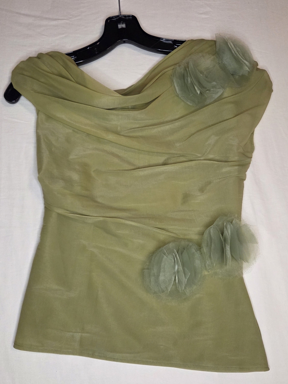 Zara Olive Green Draped Asymmetric Organza Top with Floral Appliqués